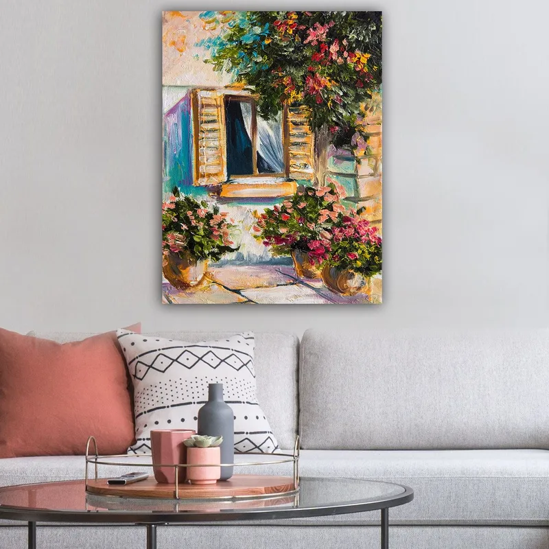 Canvas taulu 70x100 cm - Ikkuna, jossa on avoimet kaihtimet ja ruukkukukkia - Vihreä / Vaaleanpunainen / Beige - Sisustustuotteet - Taulu & taide - Canvas-taulu