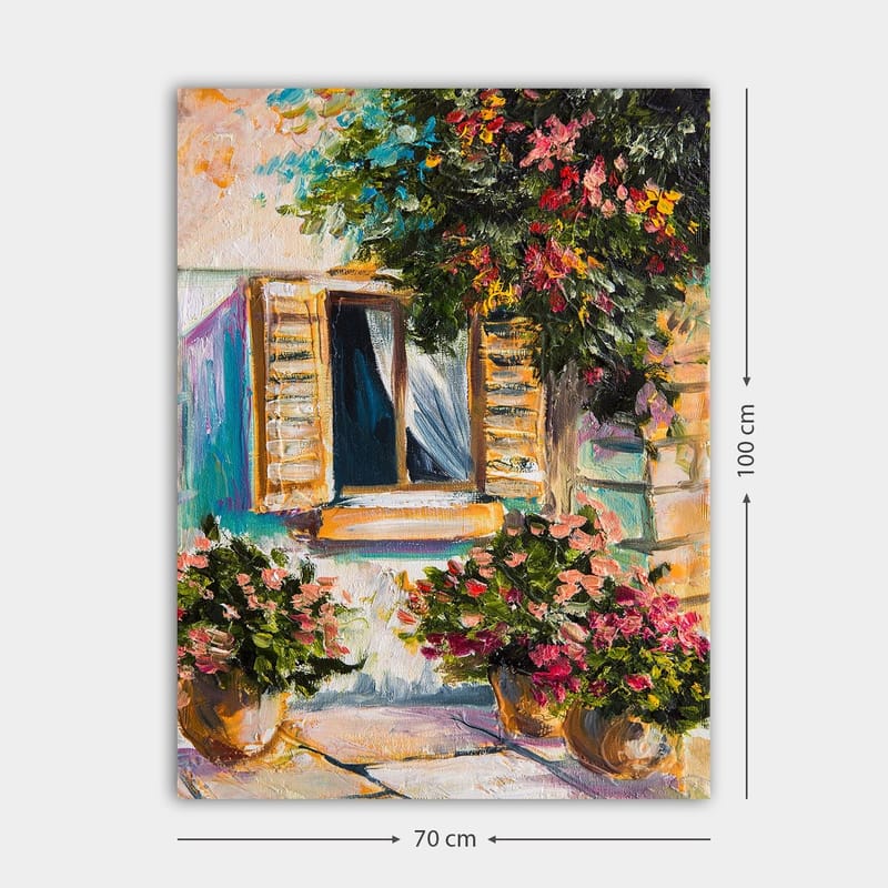 Canvas taulu 70x100 cm - Ikkuna, jossa on avoimet kaihtimet ja ruukkukukkia - Vihreä / Vaaleanpunainen / Beige - Sisustustuotteet - Taulu & taide - Canvas-taulu