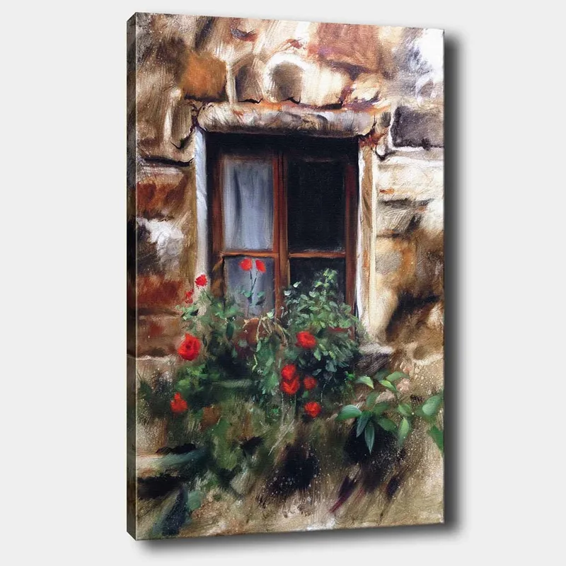 Canvas taulu 70x100 cm - Ikkuna ja kukkaruukku täynnä punaisia ruusuja, Punainen / Vihreä / Beige