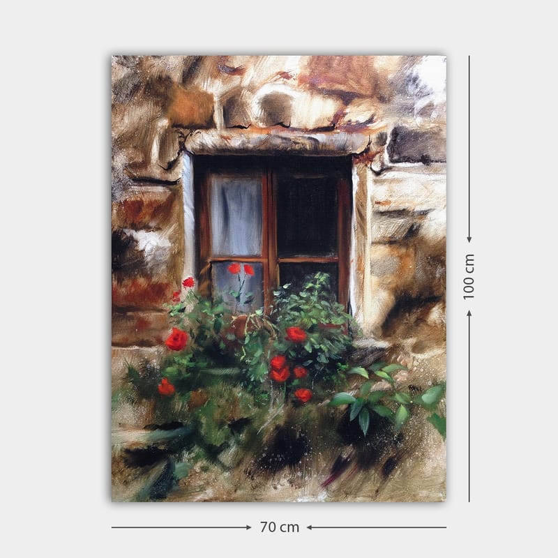 Canvas taulu 70x100 cm - Ikkuna ja kukkaruukku täynnä punaisia ruusuja - Punainen / Vihreä / Beige - Sisustustuotteet - Taulu & taide - Canvas-taulu