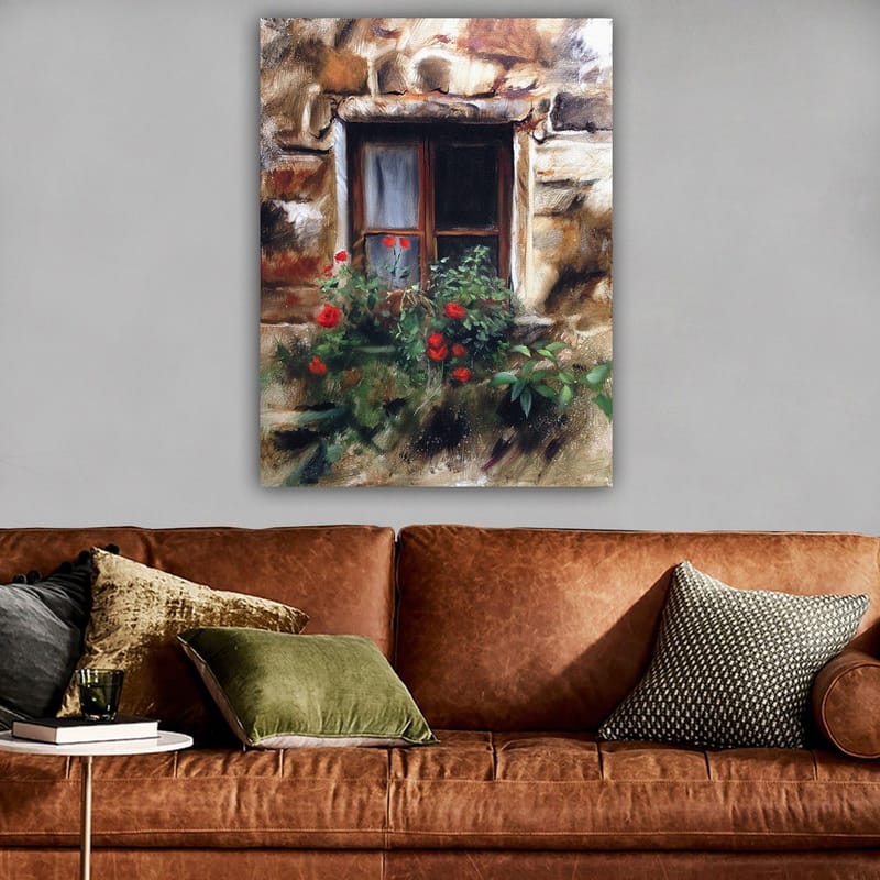 Canvas taulu 70x100 cm - Ikkuna ja kukkaruukku täynnä punaisia ruusuja - Punainen / Vihreä / Beige - Sisustustuotteet - Taulu & taide - Canvas-taulu