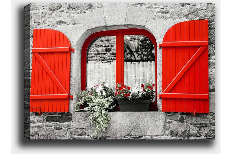 Canvas taulu 70x100 cm - Ikkuna punaisilla ikkunaluukuilla ja kukilla harmaassa kiviseinässä - Punainen / Harmaa - Sisustustuotteet - Taulu & taide - Canvas-taulu