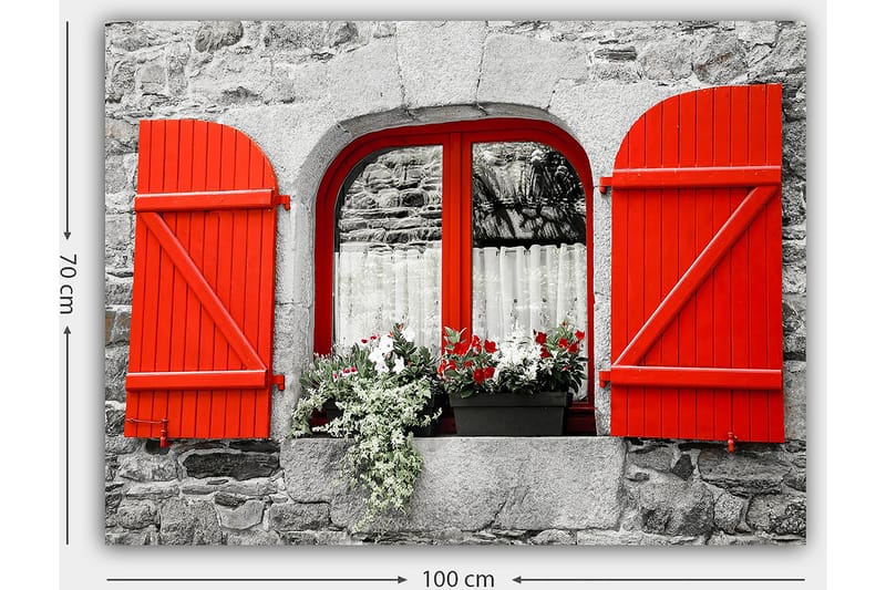 Canvas taulu 70x100 cm - Ikkuna punaisilla ikkunaluukuilla ja kukilla harmaassa kiviseinässä - Punainen / Harmaa - Sisustustuotteet - Taulu & taide - Canvas-taulu