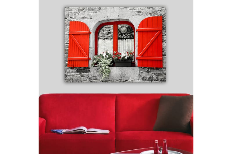 Canvas taulu 70x100 cm - Ikkuna punaisilla ikkunaluukuilla ja kukilla harmaassa kiviseinässä, Punainen / Harmaa