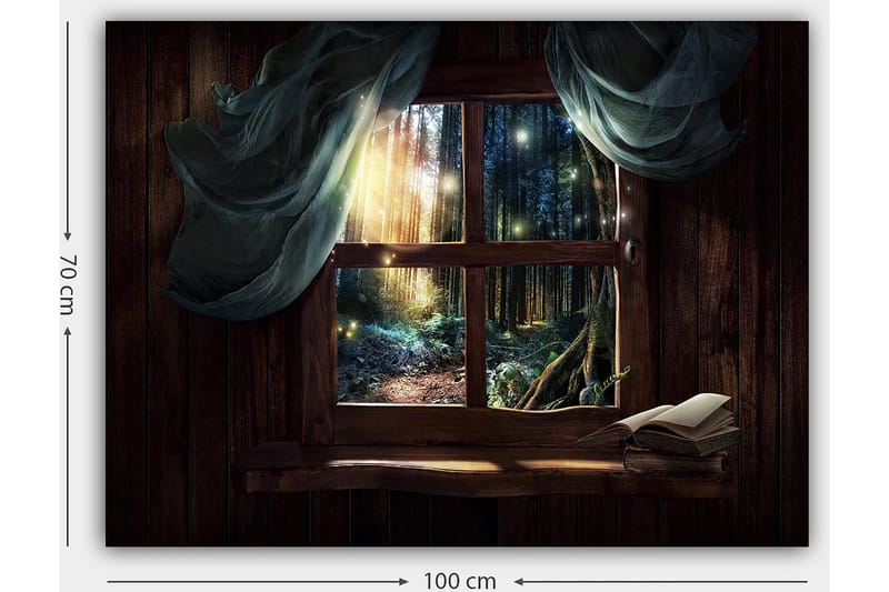 Canvas taulu 70x100 cm - Ikkunanäkymä salaperäisestä metsästä, jonka valonsäteet siivilöityvät puiden välistä - Tummanvihreä / Ruskea / Vaaleansininen - Sisustustuotteet - Taulu & taide - Canvas-taulu