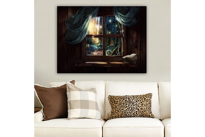 Canvas taulu 70x100 cm - Ikkunanäkymä salaperäisestä metsästä, jonka valonsäteet siivilöityvät puiden välistä - Tummanvihreä / Ruskea / Vaaleansininen - Sisustustuotteet - Taulu & taide - Canvas-taulu