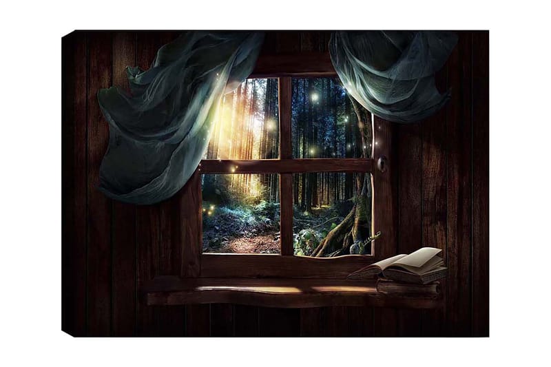 Canvas taulu 70x100 cm - Ikkunanäkymä salaperäisestä metsästä, jonka valonsäteet siivilöityvät puiden välistä, Tummanvihreä / Ruskea / Vaaleansininen