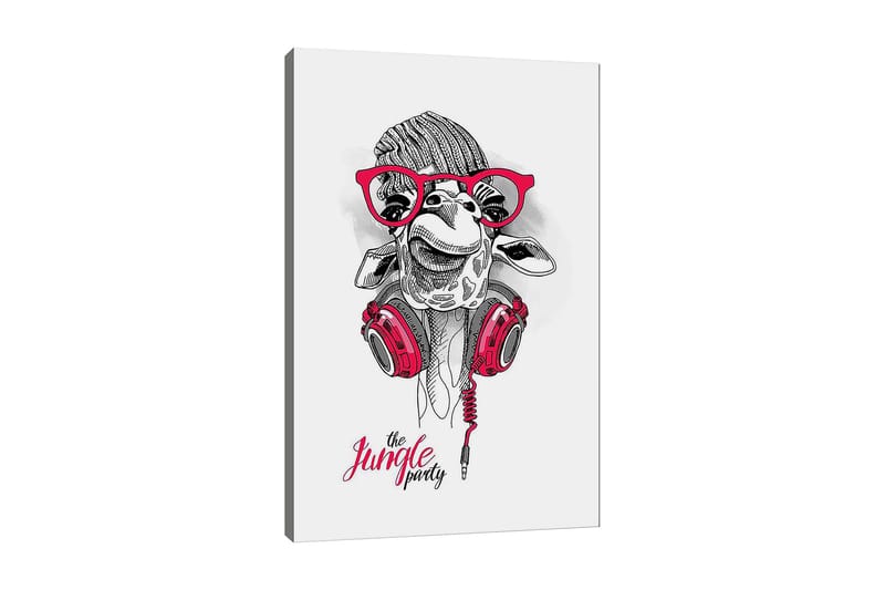 Canvas taulu 70x100 cm - Iloinen kirahvi kuulokkeilla ja laseilla, joka antaa leikkisän ja modernin tunnelman, Punainen / Musta / Valkoinen