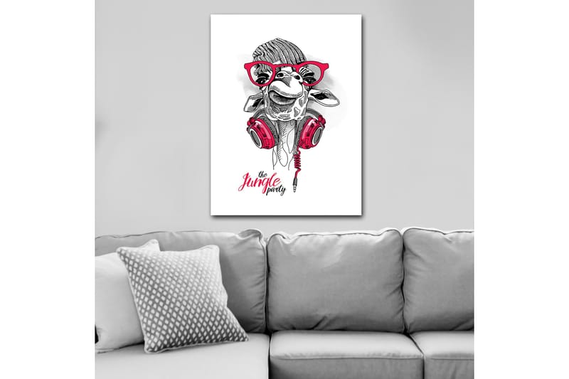 Canvas taulu 70x100 cm - Iloinen kirahvi kuulokkeilla ja laseilla, joka antaa leikkisän ja modernin tunnelman - Punainen / Musta / Valkoinen - Sisustustuotteet - Taulu & taide - Canvas-taulu