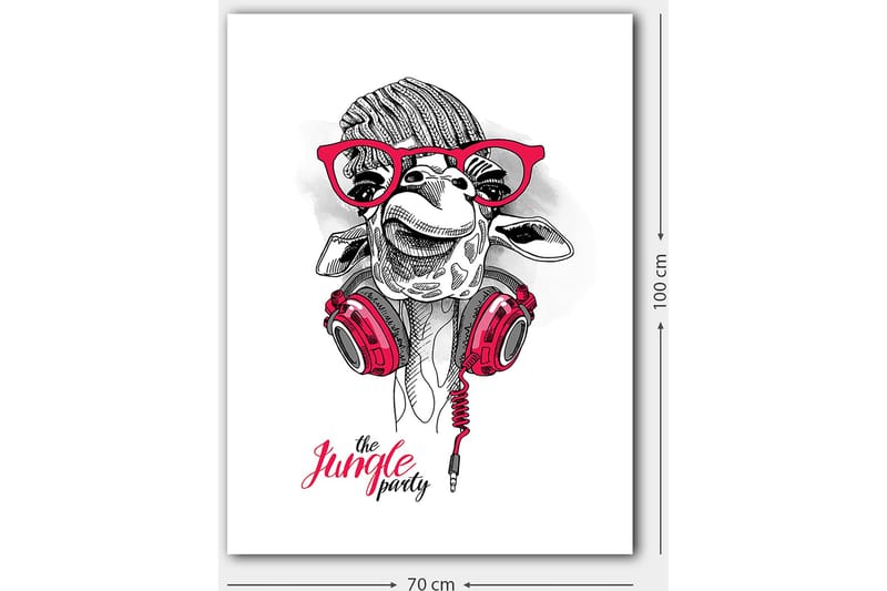 Canvas taulu 70x100 cm - Iloinen kirahvi kuulokkeilla ja laseilla, joka antaa leikkisän ja modernin tunnelman - Punainen / Musta / Valkoinen - Sisustustuotteet - Taulu & taide - Canvas-taulu