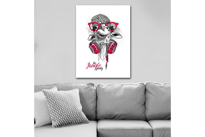 Canvas taulu 70x100 cm - Iloinen kirahvi kuulokkeilla ja laseilla, joka antaa leikkisän ja modernin tunnelman - Punainen / Musta / Valkoinen - Sisustustuotteet - Taulu & taide - Canvas-taulu