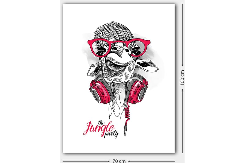 Canvas taulu 70x100 cm - Iloinen kirahvi kuulokkeilla ja laseilla, joka antaa leikkisän ja modernin tunnelman - Punainen / Musta / Valkoinen - Sisustustuotteet - Taulu & taide - Canvas-taulu