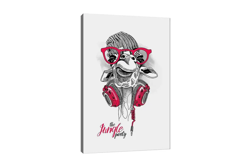 Canvas taulu 70x100 cm - Iloinen kirahvi kuulokkeilla ja laseilla, joka antaa leikkisän ja modernin tunnelman, Punainen / Musta / Valkoinen