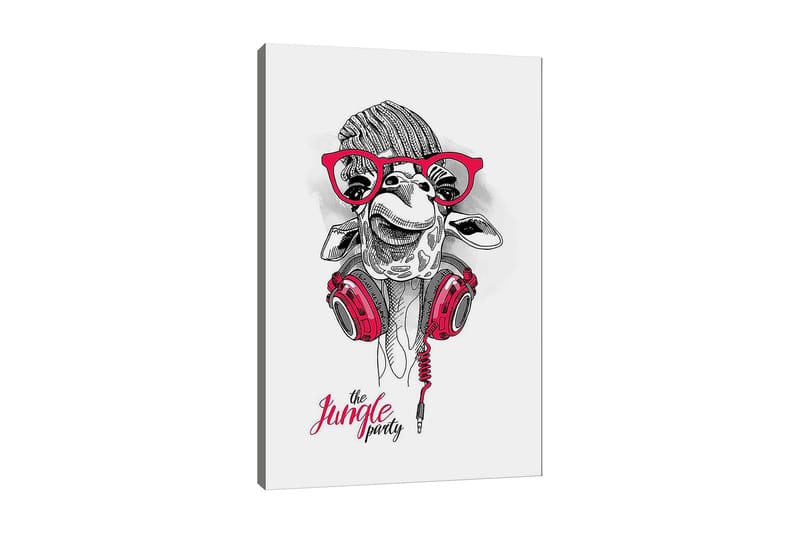 Canvas taulu 70x100 cm - Iloinen kirahvi kuulokkeilla ja laseilla, joka antaa leikkisän ja modernin tunnelman, Punainen / Musta / Valkoinen