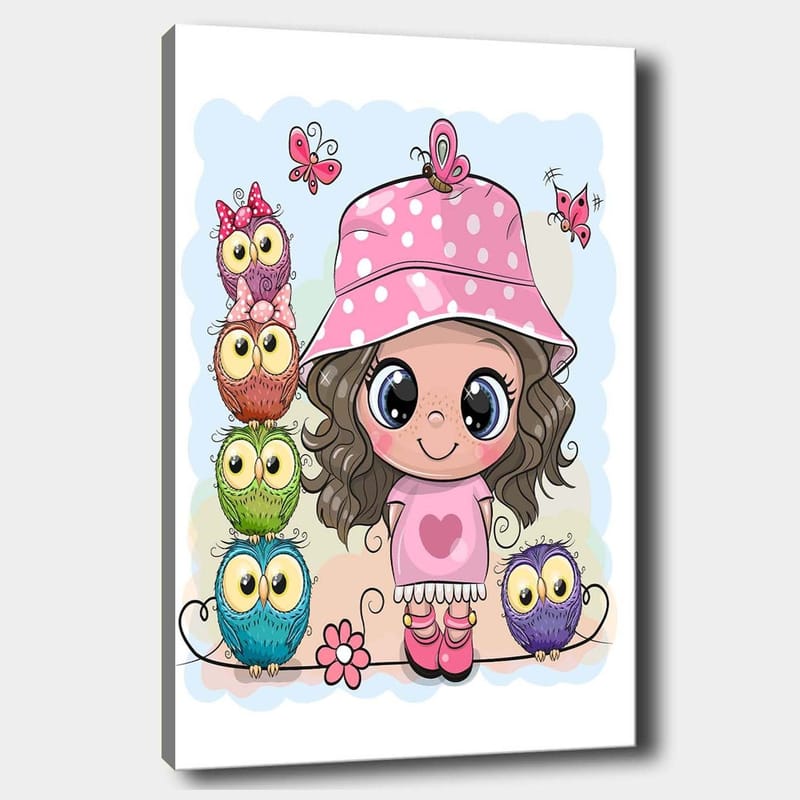 Canvas taulu 70x100 cm - Iloinen tyttö vaaleanpunaisessa hatussa värikkäiden pöllöiden ja perhosten ympäröimänä, Vaaleanpunainen / Vihreä / Sininen