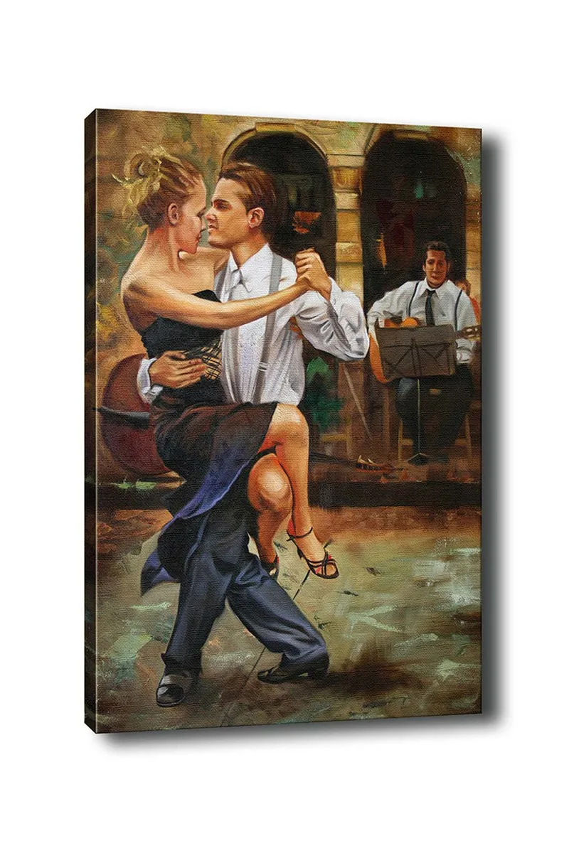 Canvas taulu 70x100 cm - Intohimoinen tango elegantissa asussa olevan parin välillä, Musta / Beige / Tummansininen