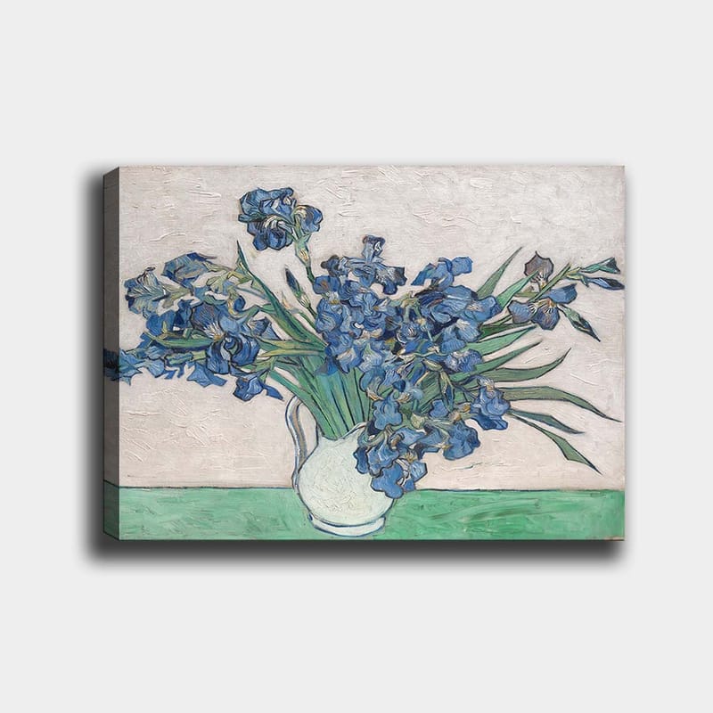 Canvas taulu 70x100 cm - Iriksenkukkien kimppu valkoisessa maljakossa, Sininen / Vihreä