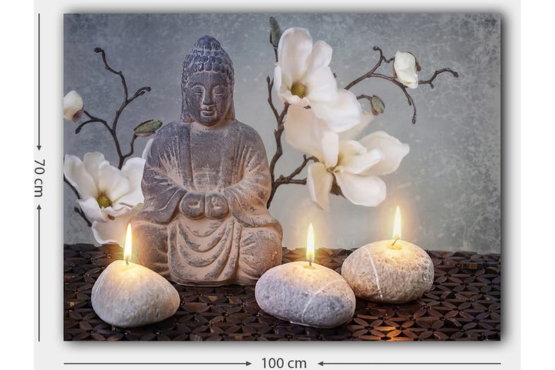 Canvas taulu 70x100 cm - Istuva Buddha kukkien, kivien ja kynttilöiden ympäröimänä - Harmaa / Valkoinen / Beige - Sisustustuotteet - Taulu & taide - Canvas-taulu