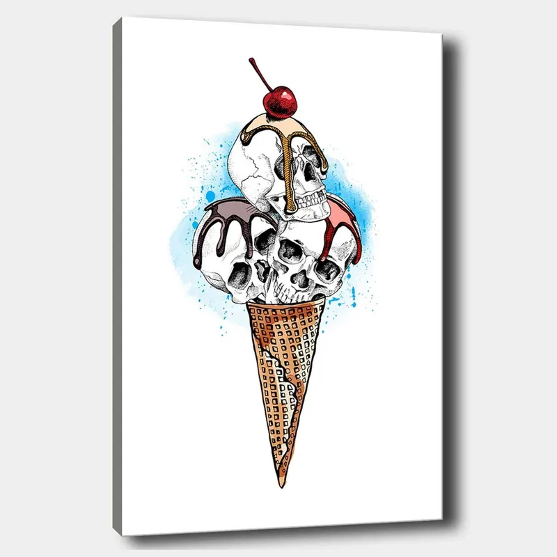 Canvas taulu 70x100 cm - Jäätelöveistos, jonka pääkallojen päällä on kirsikka, Valkoinen / Ruskea / Punainen