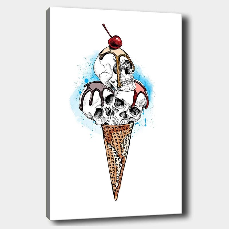 Canvas taulu 70x100 cm - Jäätelöveistos, jonka pääkallojen päällä on kirsikka, Valkoinen / Ruskea / Punainen