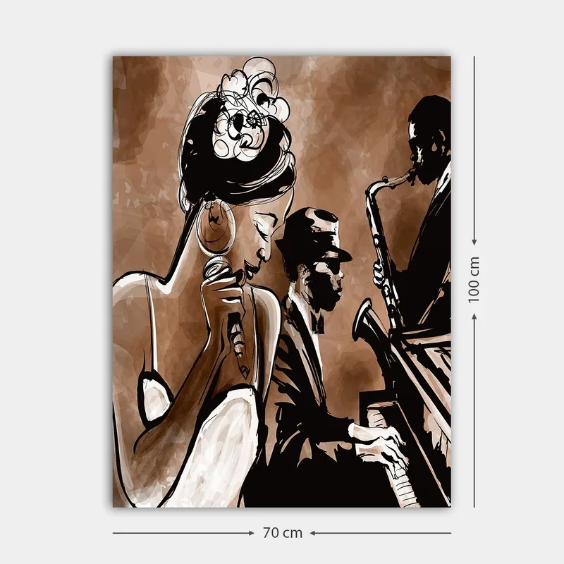 Canvas taulu 70x100 cm - Jazzlaulaja esittää kappaleen muusikoiden soidessa taustalla - Ruskea / Musta / Valkoinen - Sisustustuotteet - Taulu & taide - Canvas-taulu