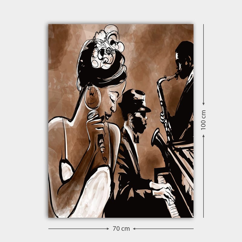 Canvas taulu 70x100 cm - Jazzlaulaja esittää kappaleen muusikoiden soidessa taustalla - Ruskea / Musta / Valkoinen - Sisustustuotteet - Taulu & taide - Canvas-taulu