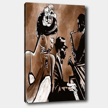 Canvas taulu 70x100 cm - Jazzlaulaja esittää kappaleen muusikoiden soidessa taustalla - Ruskea / Musta / Valkoinen - Sisustustuotteet - Taulu & taide - Canvas-taulu