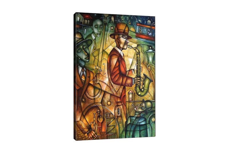 Canvas taulu 70x100 cm - Jazzmuusikko soittaa saksofonia muiden muusikoiden ympäröimänä vilkkaassa tunnelmassa, Vihreä / Oranssi / Ruskea