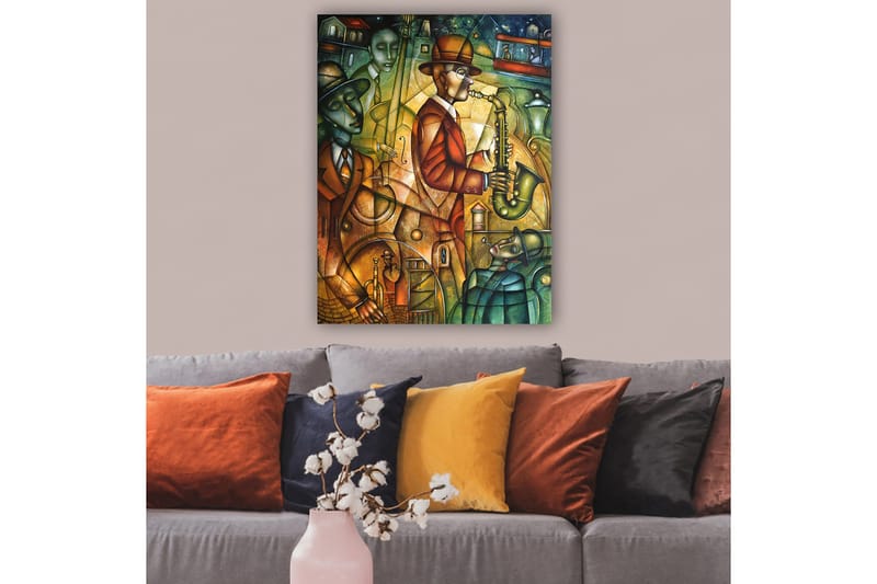 Canvas taulu 70x100 cm - Jazzmuusikko soittaa saksofonia muiden muusikoiden ympäröimänä vilkkaassa tunnelmassa - Vihreä / Oranssi / Ruskea - Sisustustuotteet - Taulu & taide - Canvas-taulu