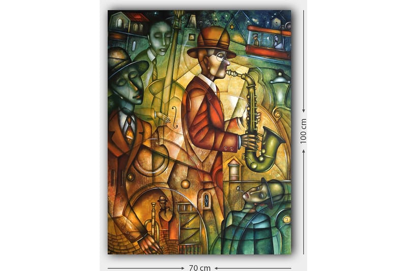 Canvas taulu 70x100 cm - Jazzmuusikko soittaa saksofonia muiden muusikoiden ympäröimänä vilkkaassa tunnelmassa - Vihreä / Oranssi / Ruskea - Sisustustuotteet - Taulu & taide - Canvas-taulu