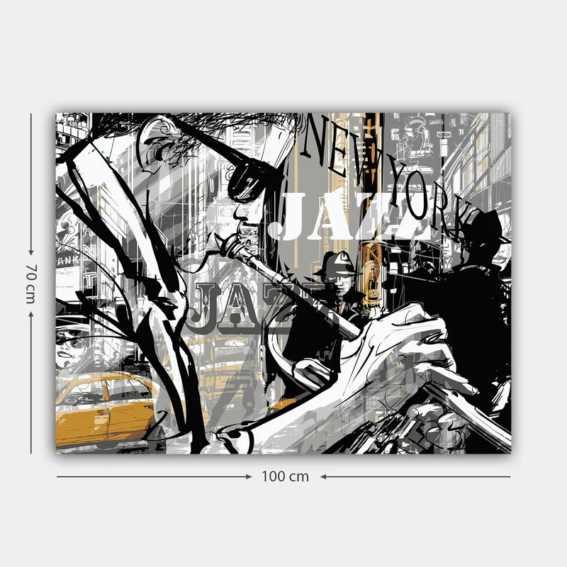 Canvas taulu 70x100 cm - Jazzmuusikko soittaa trumpettia New Yorkin eloisassa kaupunkikuvassa - Musta / Harmaa / Keltainen - Sisustustuotteet - Taulu & taide - Canvas-taulu