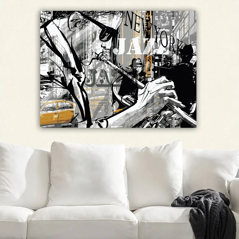 Canvas taulu 70x100 cm - Jazzmuusikko soittaa trumpettia New Yorkin eloisassa kaupunkikuvassa - Musta / Harmaa / Keltainen - Sisustustuotteet - Taulu & taide - Canvas-taulu