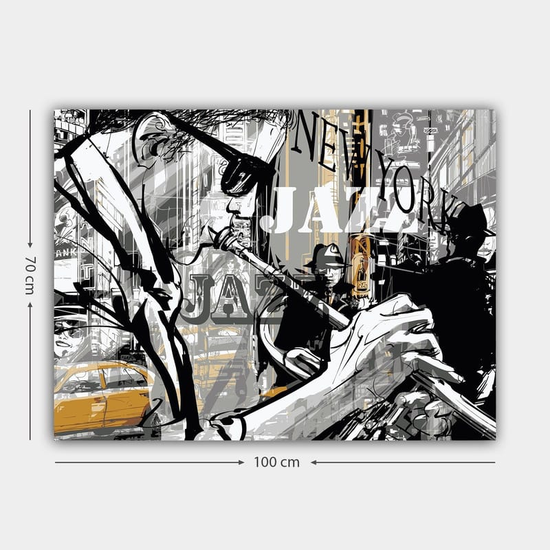 Canvas taulu 70x100 cm - Jazzmuusikko soittaa trumpettia New Yorkin eloisassa kaupunkikuvassa - Musta / Harmaa / Keltainen - Sisustustuotteet - Taulu & taide - Canvas-taulu