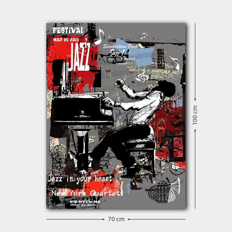 Canvas taulu 70x100 cm - Jazzmuusikko soittaa pianoa suurella intohimolla ja energialla - Punainen / Musta / Harmaa - Sisustustuotteet - Taulu & taide - Canvas-taulu