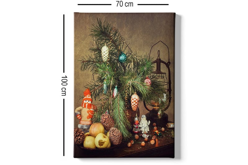 Canvas taulu 70x100 cm - Joulukoristeet kuusella, koristeilla ja hedelmillä - Vihreä / Punainen / Beige - Sisustustuotteet - Taulu & taide - Canvas-taulu