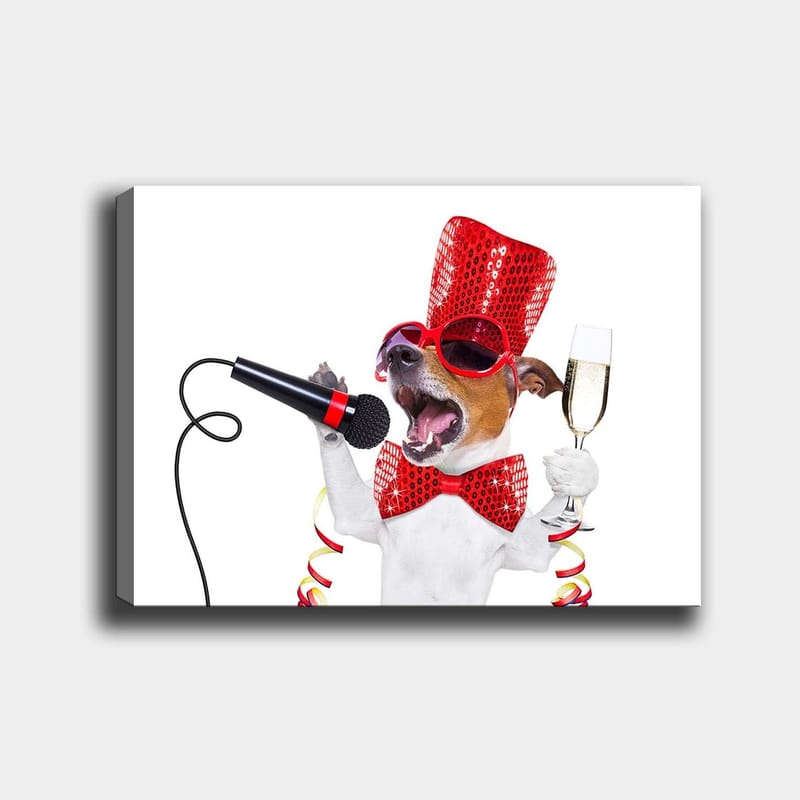Canvas taulu 70x100 cm - Juhlava koira laulaa mikrofoniin ja pitelee samppanjalasia, Punainen / Valkoinen / Musta