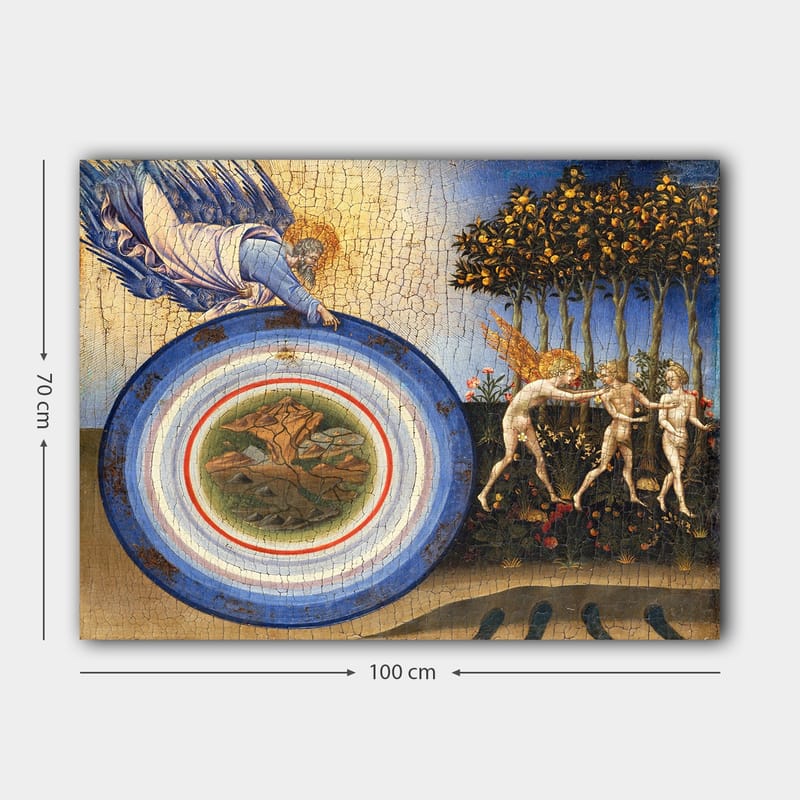 Canvas taulu 70x100 cm - Jumalallinen hahmo kurottautuu kohti ympyrää maisema-aiheella, enkelien ja puiden ympäröimänä - Sininen / Vihreä / Beige - Sisustustuotteet - Taulu & taide - Canvas-taulu