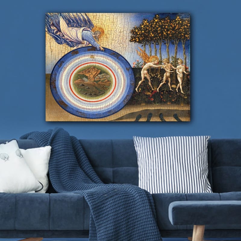 Canvas taulu 70x100 cm - Jumalallinen hahmo kurottautuu kohti ympyrää maisema-aiheella, enkelien ja puiden ympäröimänä - Sininen / Vihreä / Beige - Sisustustuotteet - Taulu & taide - Canvas-taulu