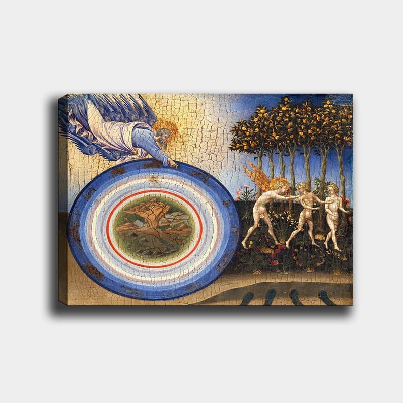 Canvas taulu 70x100 cm - Jumalallinen hahmo kurottautuu kohti ympyrää maisema-aiheella, enkelien ja puiden ympäröimänä, Sininen / Vihreä / Beige