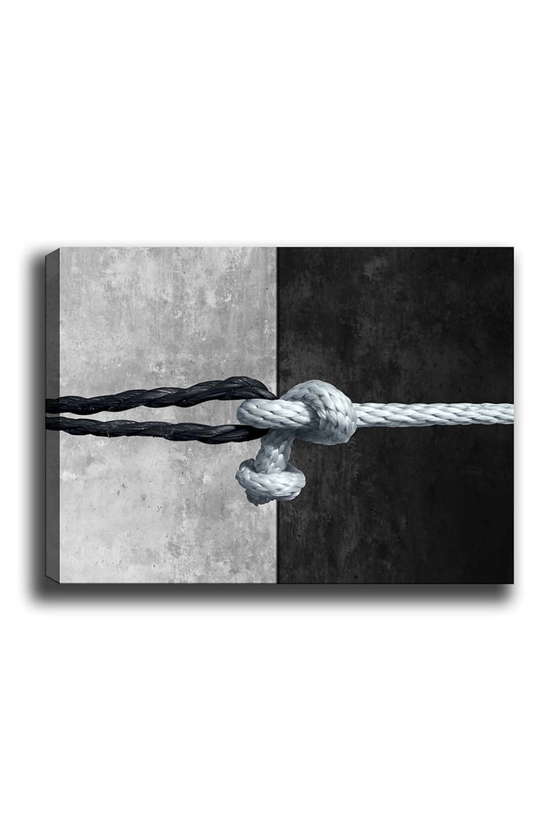 Canvas taulu 70x100 cm - Köyden solmu, joka yhdistää kaksi vastakkaista pintaa mustana ja harmaana - Musta / Harmaa / Vaaleansininen - Sisustustuotteet - Taulu & taide - Canvas-taulu