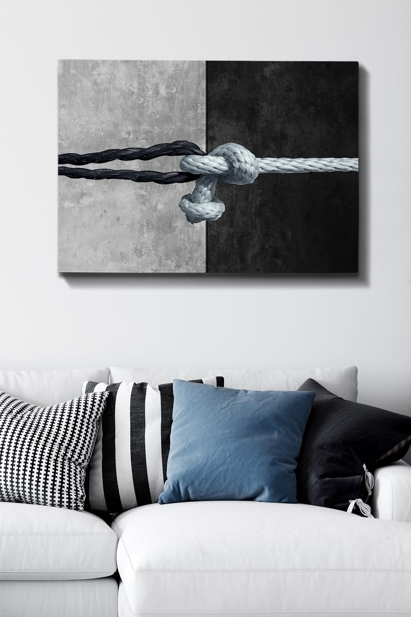 Canvas taulu 70x100 cm - Köyden solmu, joka yhdistää kaksi vastakkaista pintaa mustana ja harmaana - Musta / Harmaa / Vaaleansininen - Sisustustuotteet - Taulu & taide - Canvas-taulu