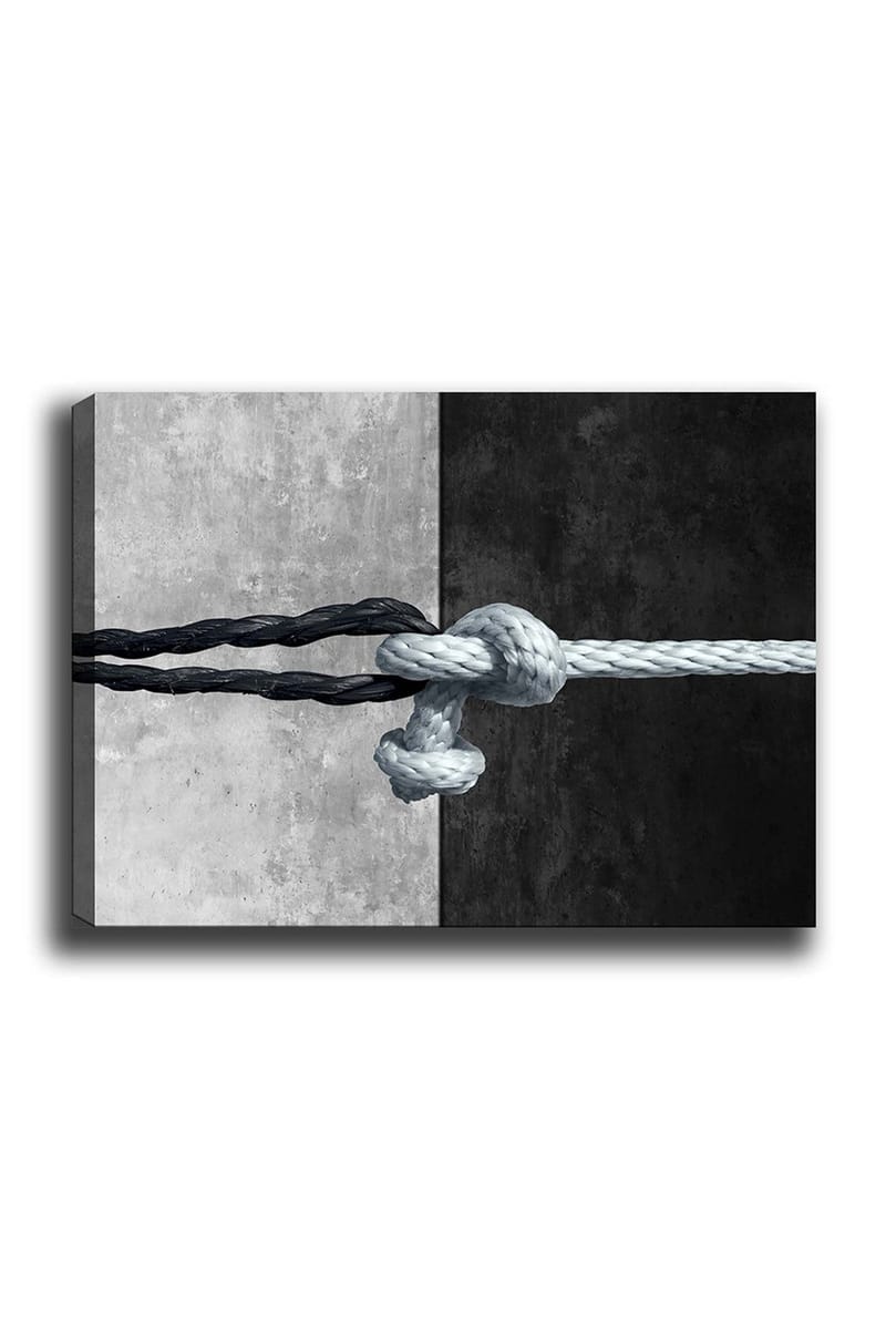 Canvas taulu 70x100 cm - Köyden solmu, joka yhdistää kaksi vastakkaista pintaa mustana ja harmaana - Musta / Harmaa / Vaaleansininen - Sisustustuotteet - Taulu & taide - Canvas-taulu