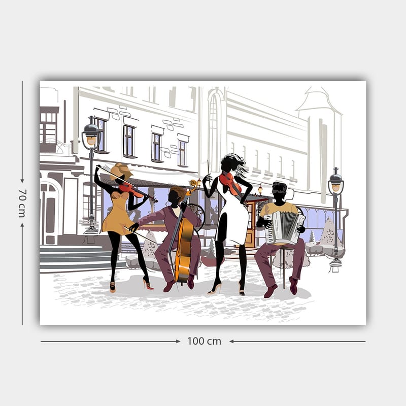 Canvas taulu 70x100 cm - Kadulla soittava vilkas musiikkiryhmä keskittyy neljään muusikkoon ja heidän soittimiinsa - Musta / Punainen / Beige - Sisustustuotteet - Taulu & taide - Canvas-taulu