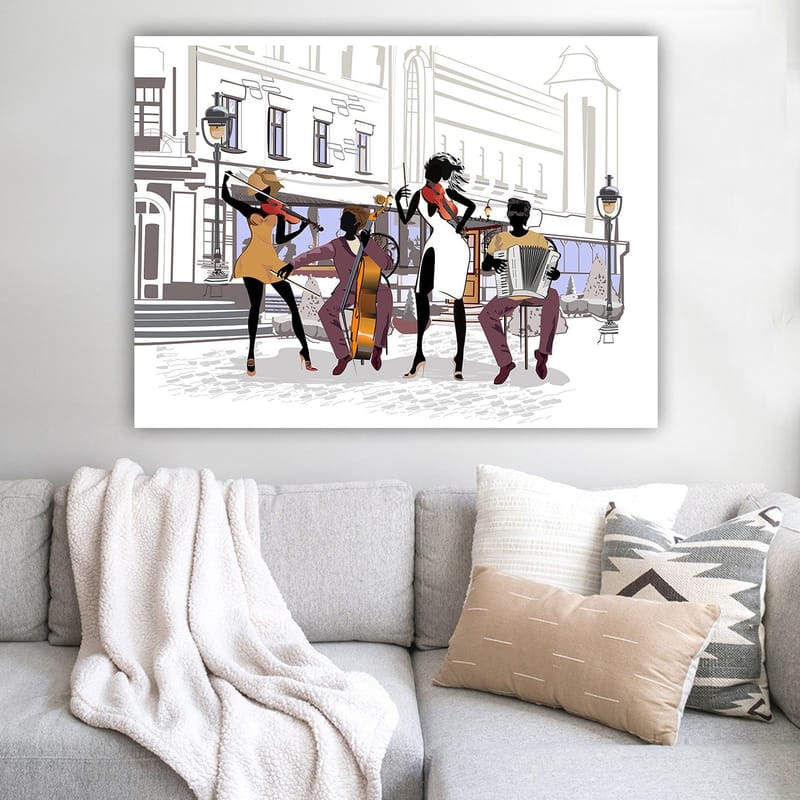 Canvas taulu 70x100 cm - Kadulla soittava vilkas musiikkiryhmä keskittyy neljään muusikkoon ja heidän soittimiinsa - Musta / Punainen / Beige - Sisustustuotteet - Taulu & taide - Canvas-taulu