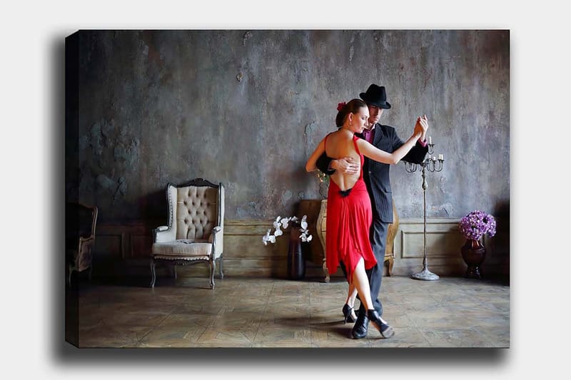 Canvas taulu 70x100 cm - Kahden elegantissa asussa tanssivan intohimoinen tango, Punainen / Musta