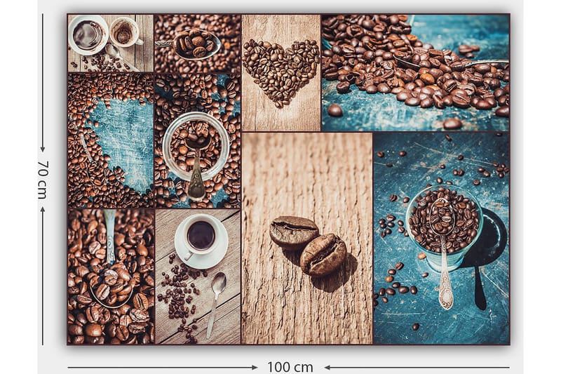 Canvas taulu 70x100 cm - Kahvipavuista ja kahvikupeista koostuva kollaasi, joka korostaa kahvin eri puolia ja esillepanoa - Tummanruskea / Beige / Turkoosi - Sisustustuotteet - Taulu & taide - Canvas-taulu