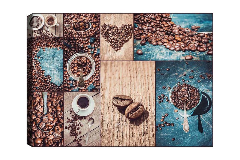 Canvas taulu 70x100 cm - Kahvipavuista ja kahvikupeista koostuva kollaasi, joka korostaa kahvin eri puolia ja esillepanoa, Tummanruskea / Beige / Turkoosi