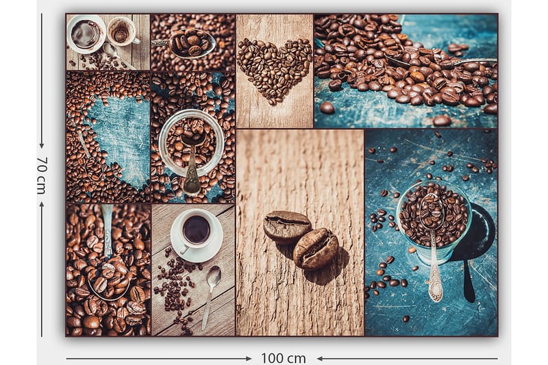 Canvas taulu 70x100 cm - Kahvipavuista ja kahvikupeista koostuva kollaasi, joka korostaa kahvin eri puolia ja esillepanoa - Tummanruskea / Beige / Turkoosi - Sisustustuotteet - Taulu & taide - Canvas-taulu