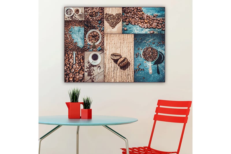 Canvas taulu 70x100 cm - Kahvipavuista ja kahvikupeista koostuva kollaasi, joka korostaa kahvin eri puolia ja esillepanoa - Tummanruskea / Beige / Turkoosi - Sisustustuotteet - Taulu & taide - Canvas-taulu