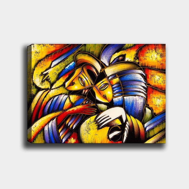Canvas taulu 70x100 cm - Kaksi abstraktia hahmoa syleilemässä toisiaan tunteellisessa sommitelmassa, Keltainen / Sininen / Punainen